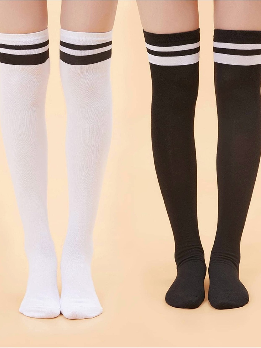 2 Pair Emo Punk Goth Alternative Over-the-Knee Athletic Stripe Socks Black White